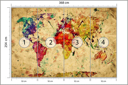 Fototapeta Mapa Świata Kolorowa Retro 368 × 254 cm – podgląd kadru