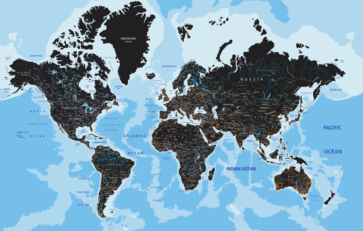 Fototapeta Mapa Świata Czarna Na Niebieskim Oceanie – wzór