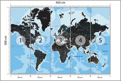 Fototapeta Mapa Świata Czarna Na Niebieskim Oceanie 450 × 300 cm – podgląd kadru