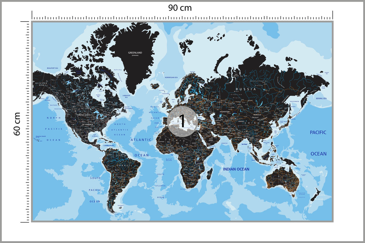 Fototapeta Mapa Świata Czarna Na Niebieskim Oceanie 90 × 60 cm – podgląd kadru