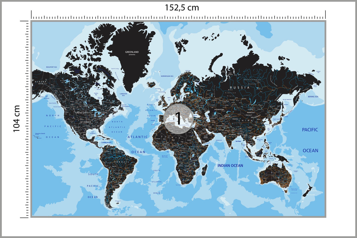 Fototapeta Mapa Świata Czarna Na Niebieskim Oceanie 152,5 × 104 cm – podgląd kadru