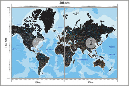 Fototapeta Mapa Świata Czarna Na Niebieskim Oceanie 208 × 146 cm – podgląd kadru