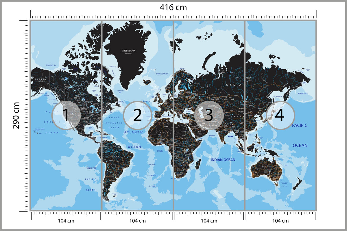 Fototapeta Mapa Świata Czarna Na Niebieskim Oceanie 416 × 290 cm – podgląd kadru