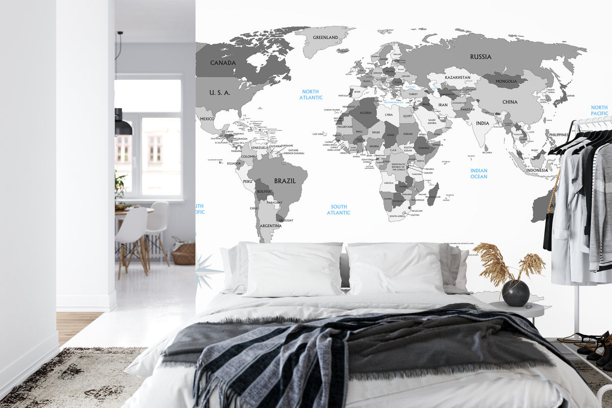 Fototapeta Mapa Świata Szara Z Państwami – aranżacja wnętrza