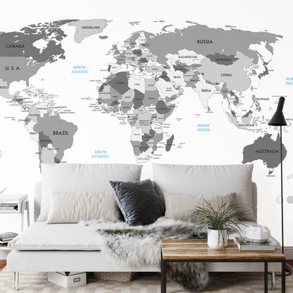 Fototapeta Mapa Świata Szara Z Państwami – aranżacja wnętrza