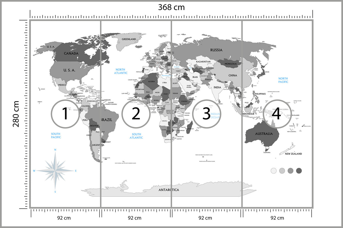 Fototapeta Mapa Świata Szara Z Państwami 368 × 280 cm – podgląd kadru