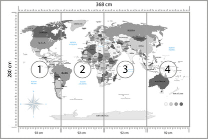 Fototapeta Mapa Świata Szara Z Państwami 368 × 280 cm – podgląd kadru