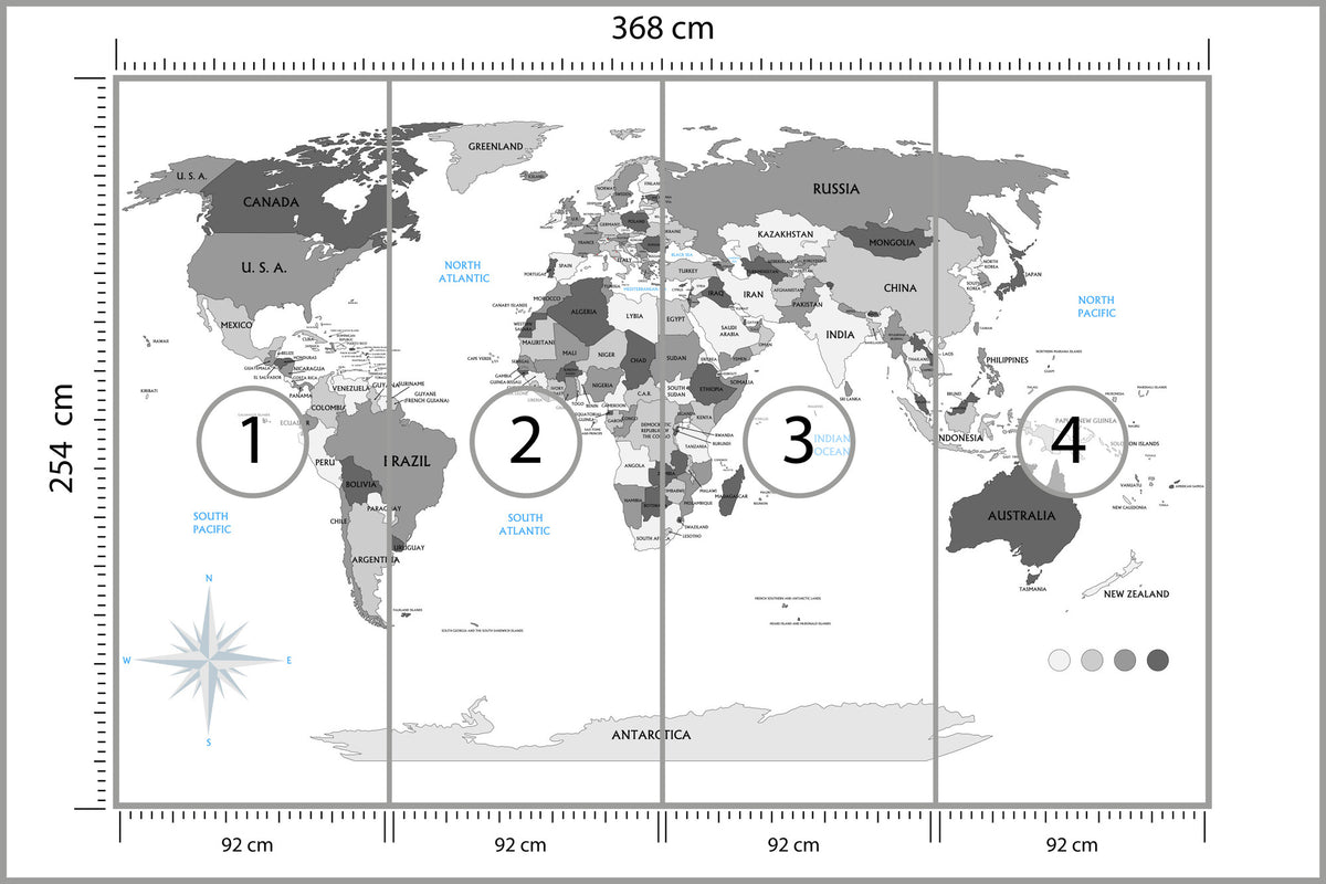 Fototapeta Mapa Świata Szara Z Państwami 368 × 254 cm – podgląd kadru