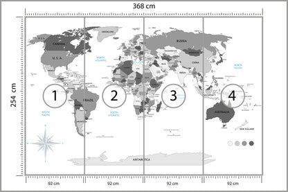 Fototapeta Mapa Świata Szara Z Państwami 368 × 254 cm – podgląd kadru