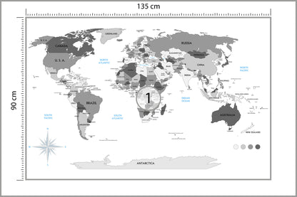 Fototapeta Mapa Świata Szara Z Państwami 135 × 90 cm – podgląd kadru