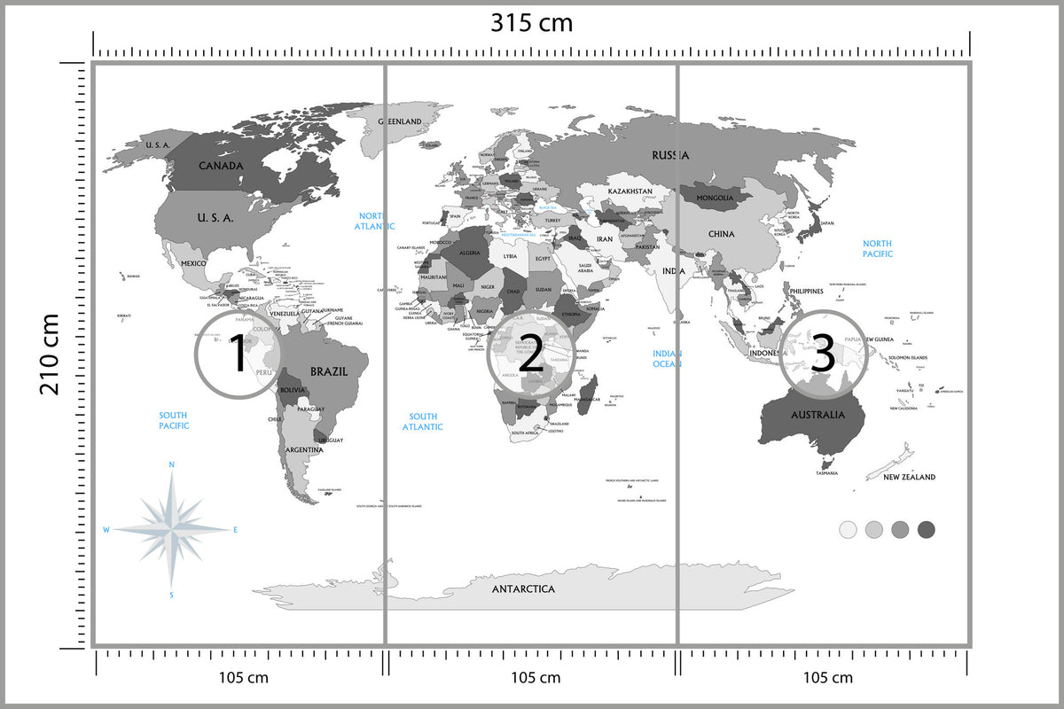 Fototapeta Mapa Świata Szara Z Państwami 315 × 210 cm – podgląd kadru