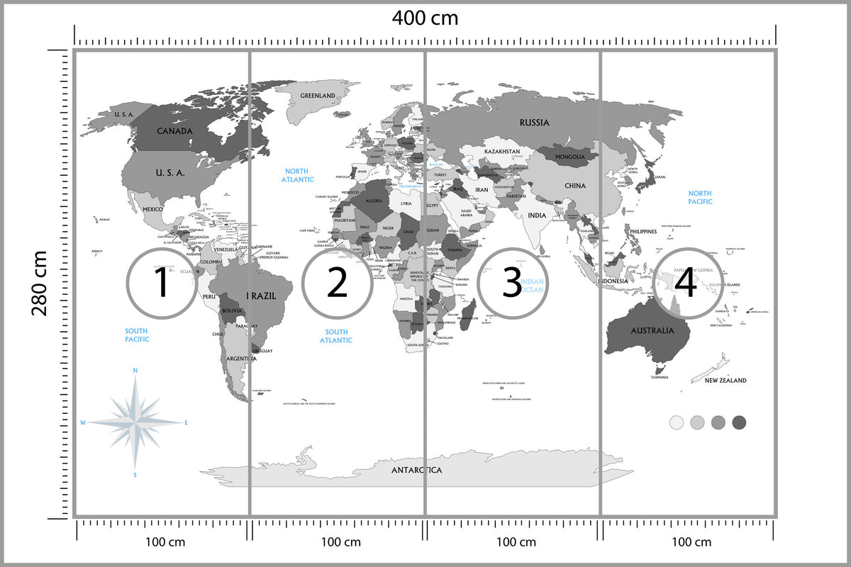 Fototapeta Mapa Świata Szara Z Państwami 400 × 280 cm – podgląd kadru
