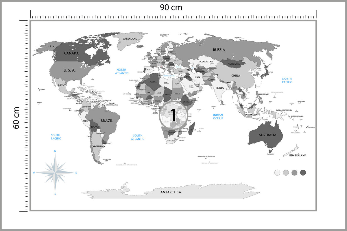 Fototapeta Mapa Świata Szara Z Państwami 90 × 60 cm – podgląd kadru