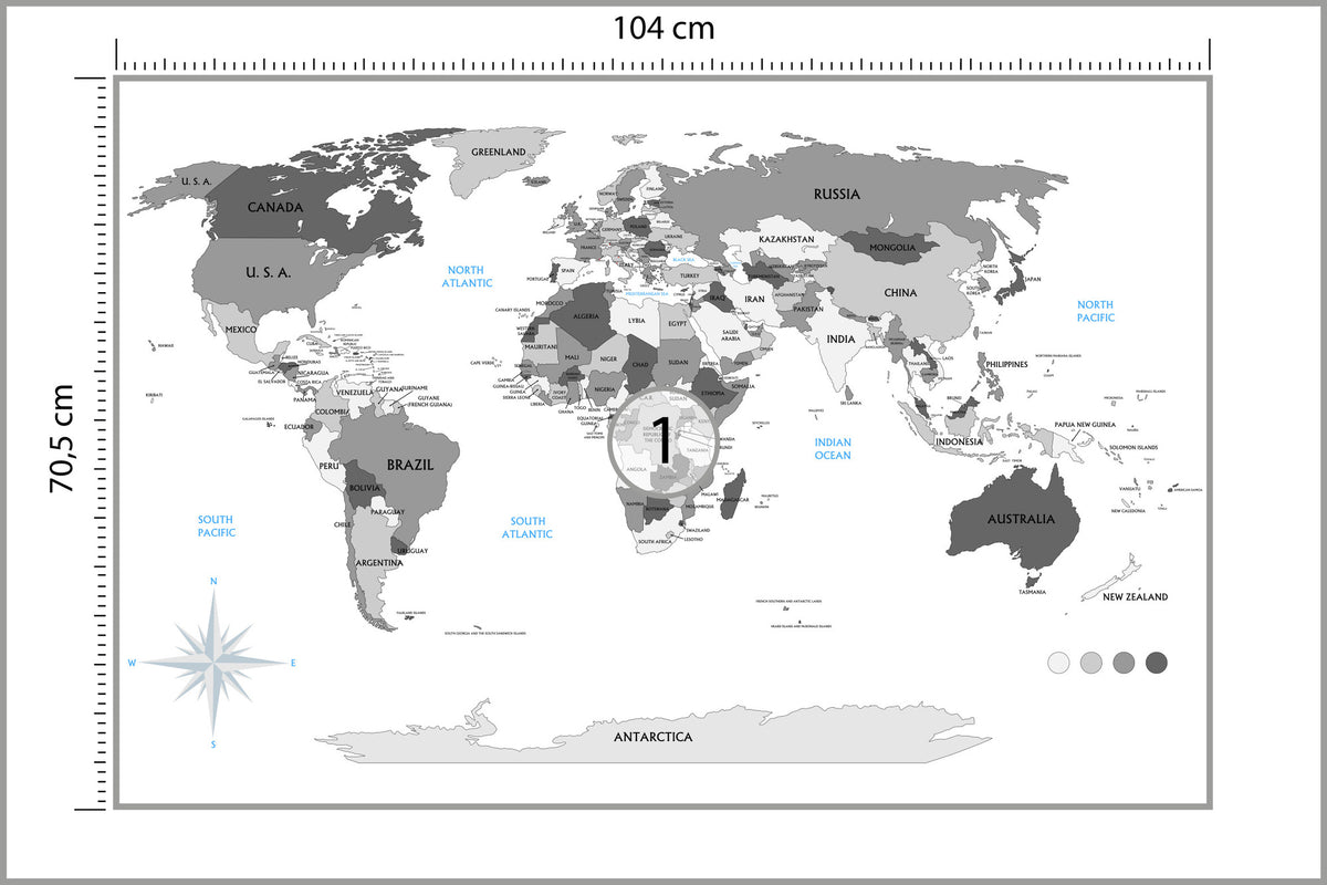 Fototapeta Mapa Świata Szara Z Państwami 104 × 70,5 cm – podgląd kadru