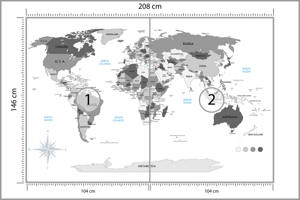 Fototapeta Mapa Świata Szara Z Państwami 208 × 146 cm – podgląd kadru