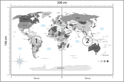 Fototapeta Mapa Świata Szara Z Państwami 208 × 146 cm – podgląd kadru