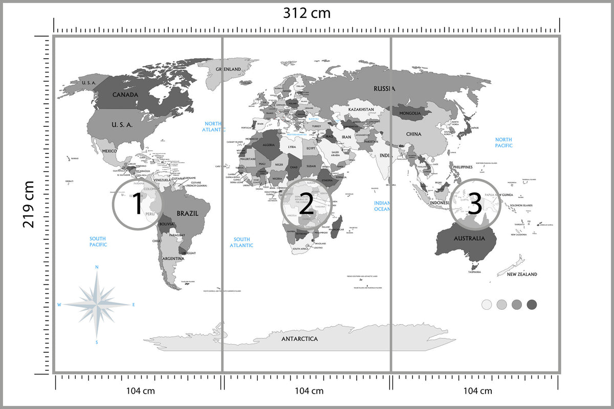 Fototapeta Mapa Świata Szara Z Państwami 312 × 219 cm – podgląd kadru