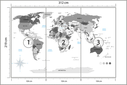 Fototapeta Mapa Świata Szara Z Państwami 312 × 219 cm – podgląd kadru
