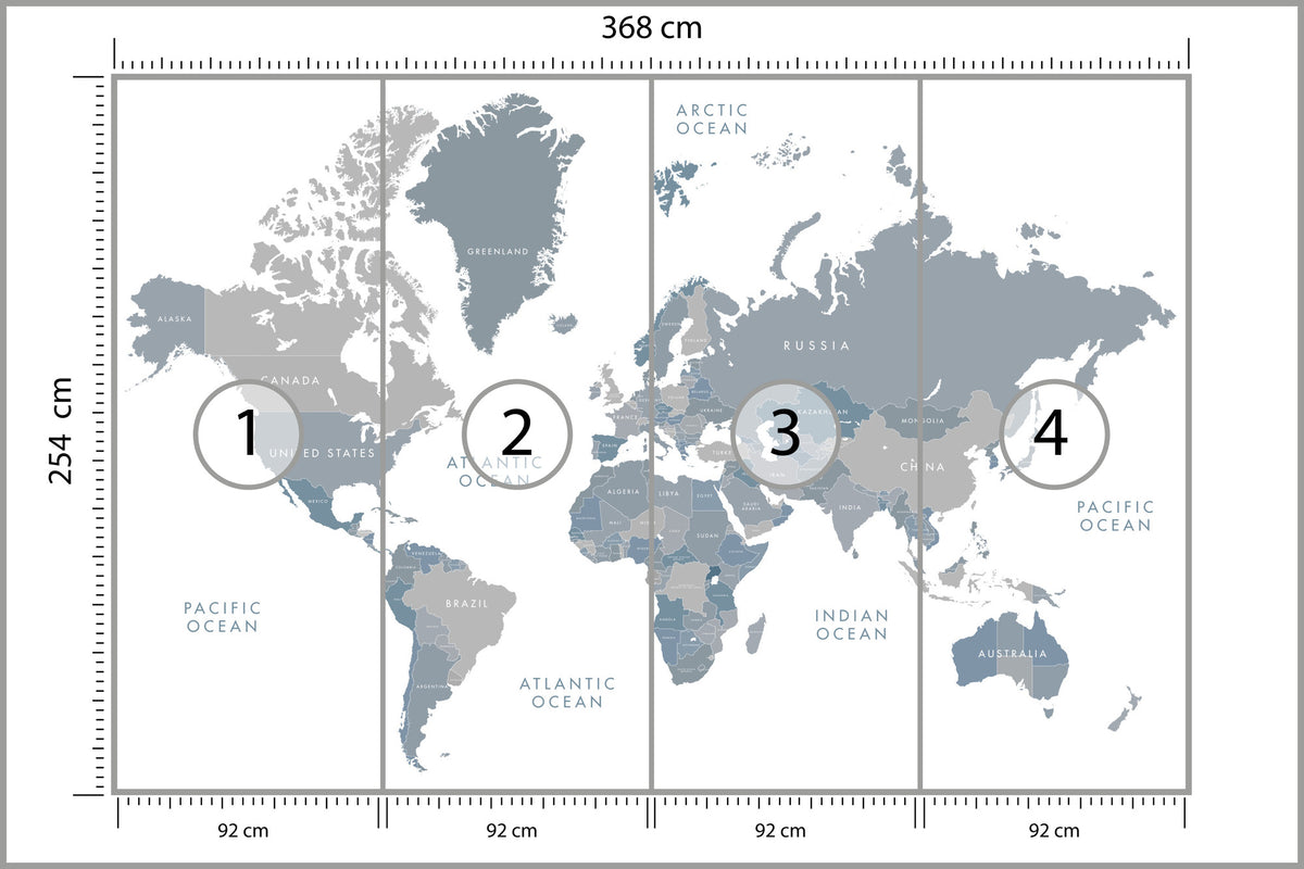 Fototapeta Mapa Świata Szaroniebieska 368 × 254 cm – podgląd kadru