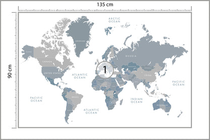 Fototapeta Mapa Świata Szaroniebieska 135 × 90 cm – podgląd kadru