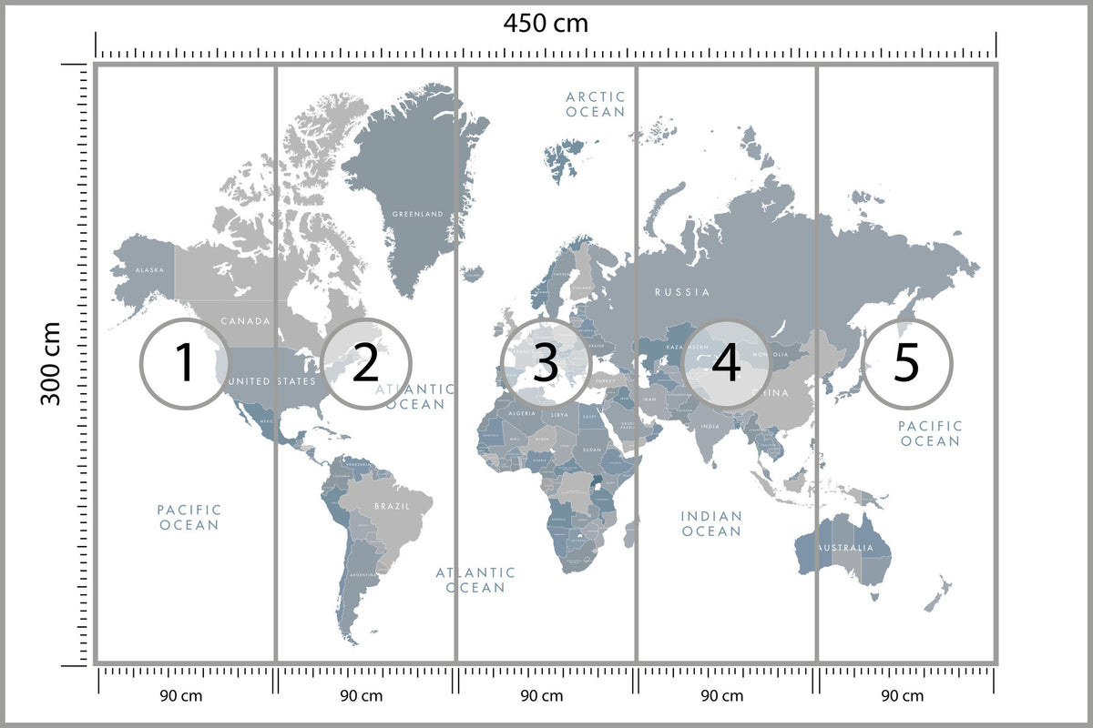Fototapeta Mapa Świata Szaroniebieska 450 × 300 cm – podgląd kadru