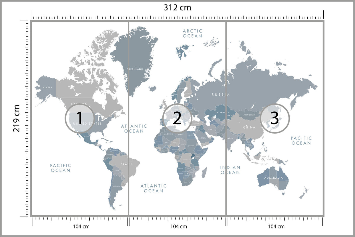 Fototapeta Mapa Świata Szaroniebieska 312 × 219 cm – podgląd kadru