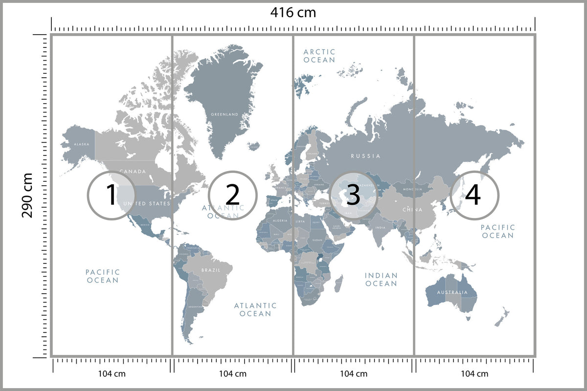 Fototapeta Mapa Świata Szaroniebieska 416 × 290 cm – podgląd kadru