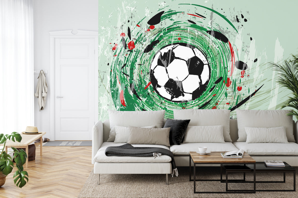 Fototapeta Sportowa Piłka Nożna Grafika Na Zielonym Tle – aranżacja wnętrza