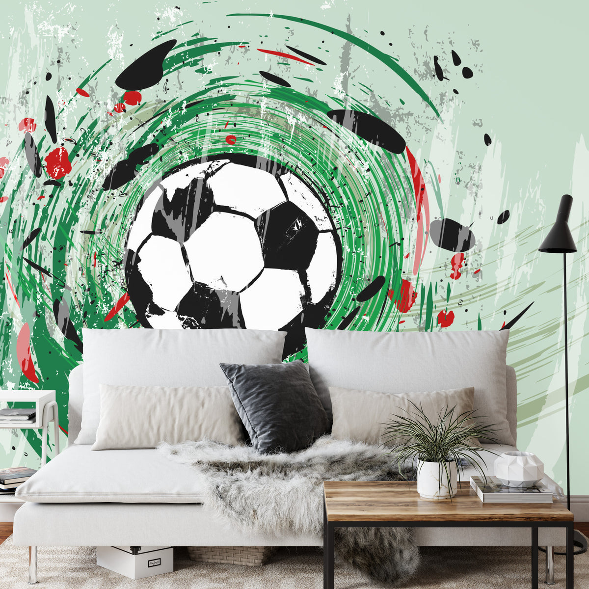 Fototapeta Sportowa Piłka Nożna Grafika Na Zielonym Tle – aranżacja wnętrza