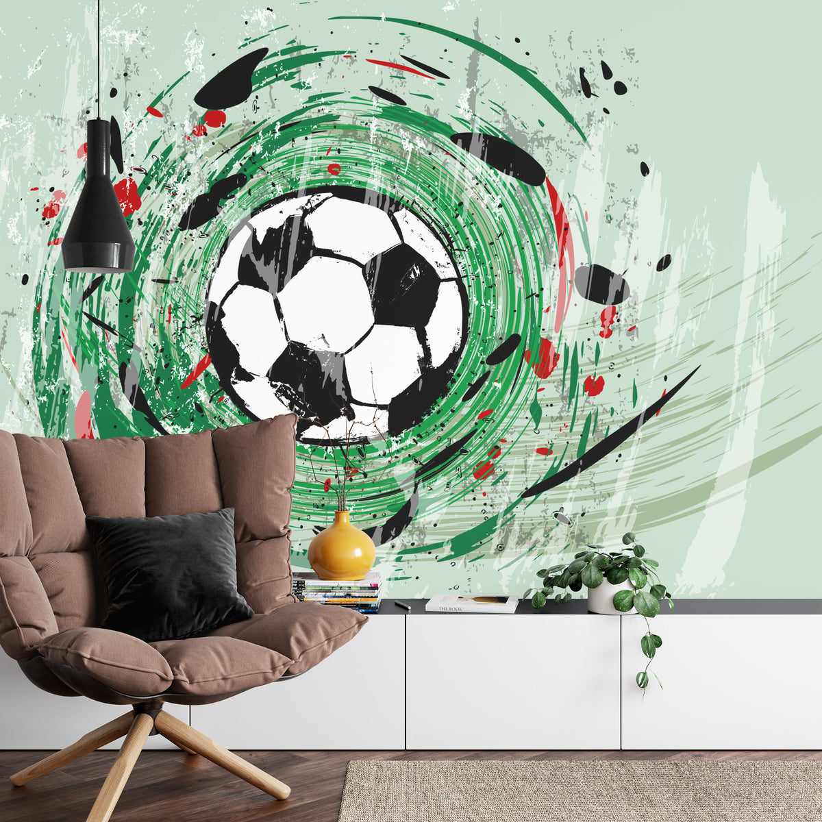 Fototapeta Sportowa Piłka Nożna Grafika Na Zielonym Tle – aranżacja wnętrza