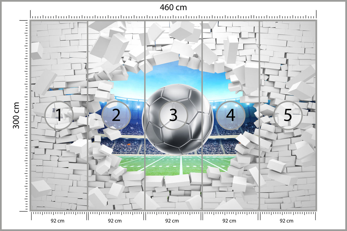 Fototapeta 3D Cegła, Piłka Nożna 460 × 300 cm – podgląd kadru