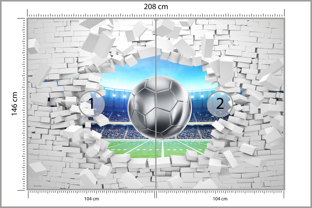 Fototapeta 3D Cegła, Piłka Nożna 208 × 146 cm – podgląd kadru