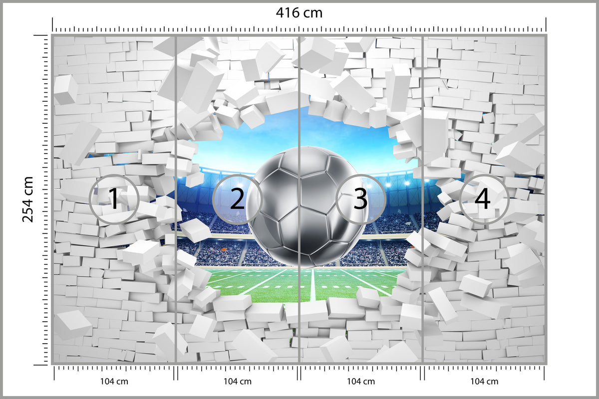 Fototapeta 3D Cegła, Piłka Nożna 416 × 254 cm – podgląd kadru