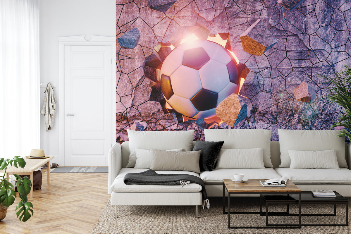 Fototapeta Sportowa 3D Piłka Przebijająca Mur – aranżacja wnętrza
