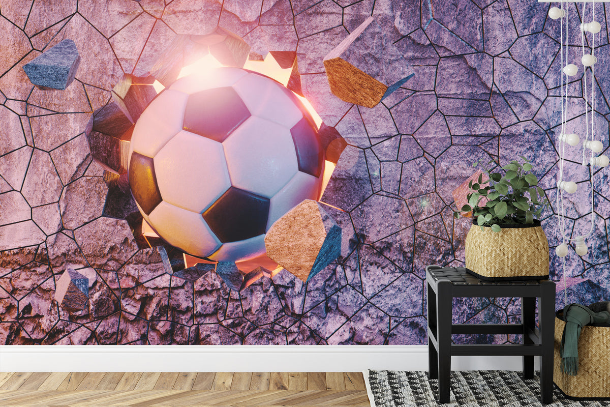 Fototapeta Sportowa 3D Piłka Przebijająca Mur – aranżacja wnętrza