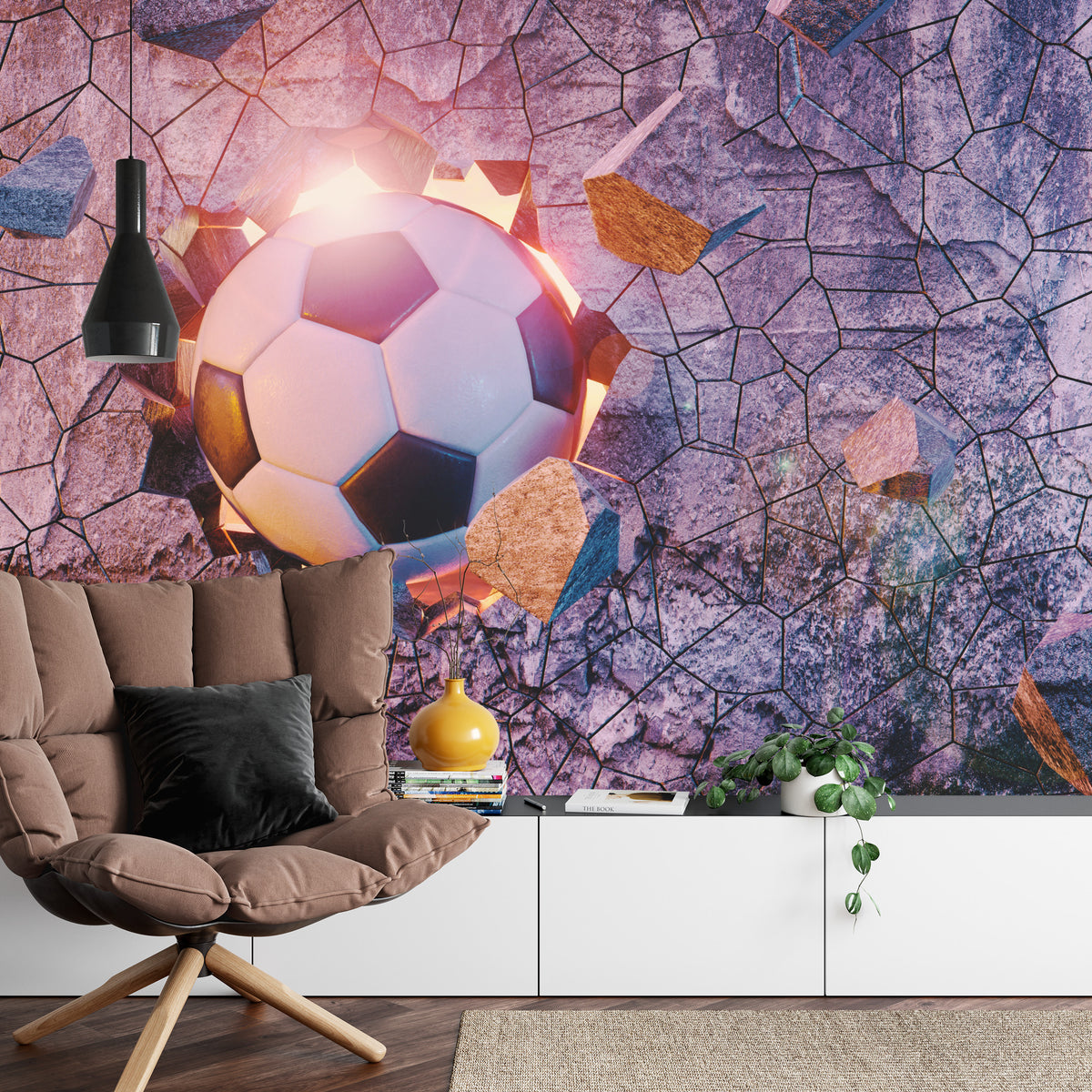 Fototapeta Sportowa 3D Piłka Przebijająca Mur – aranżacja wnętrza