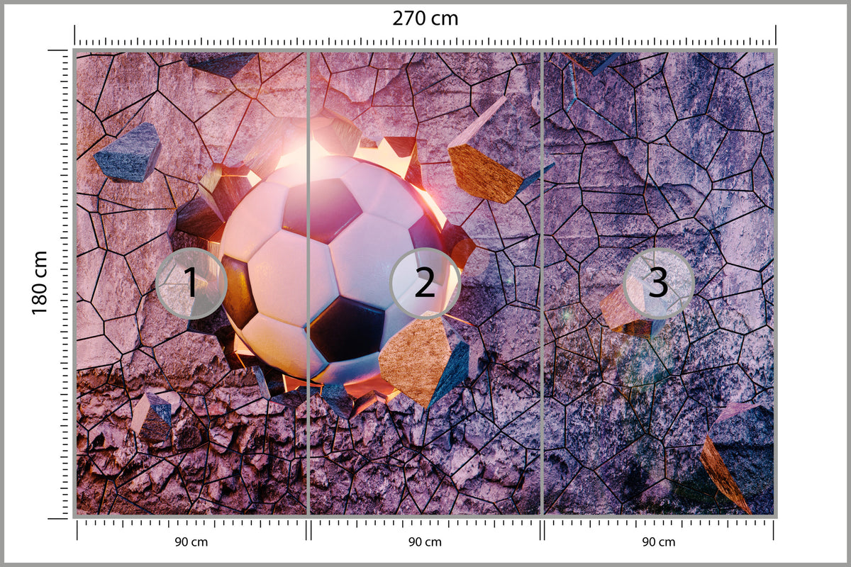 Fototapeta Sportowa 3D Piłka Przebijająca Mur 270 × 180 cm – podgląd kadru