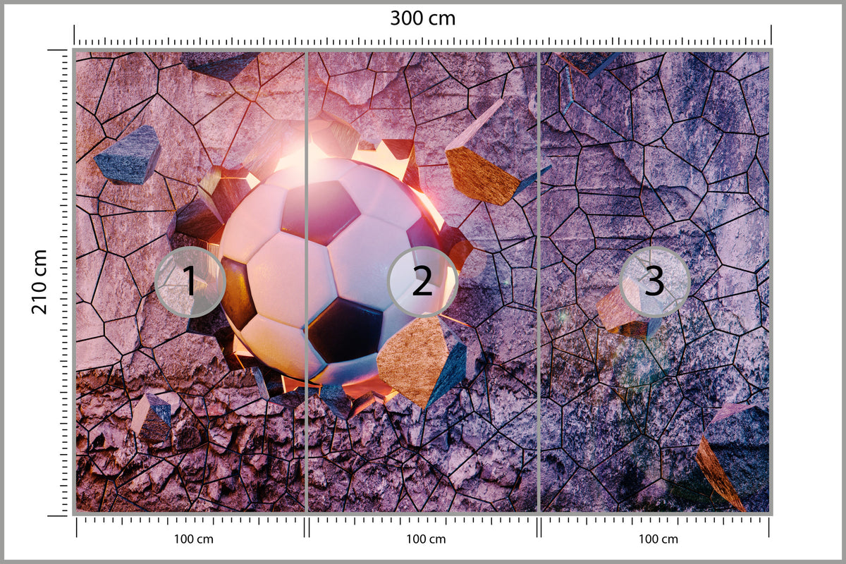 Fototapeta Sportowa 3D Piłka Przebijająca Mur 300 × 210 cm – podgląd kadru