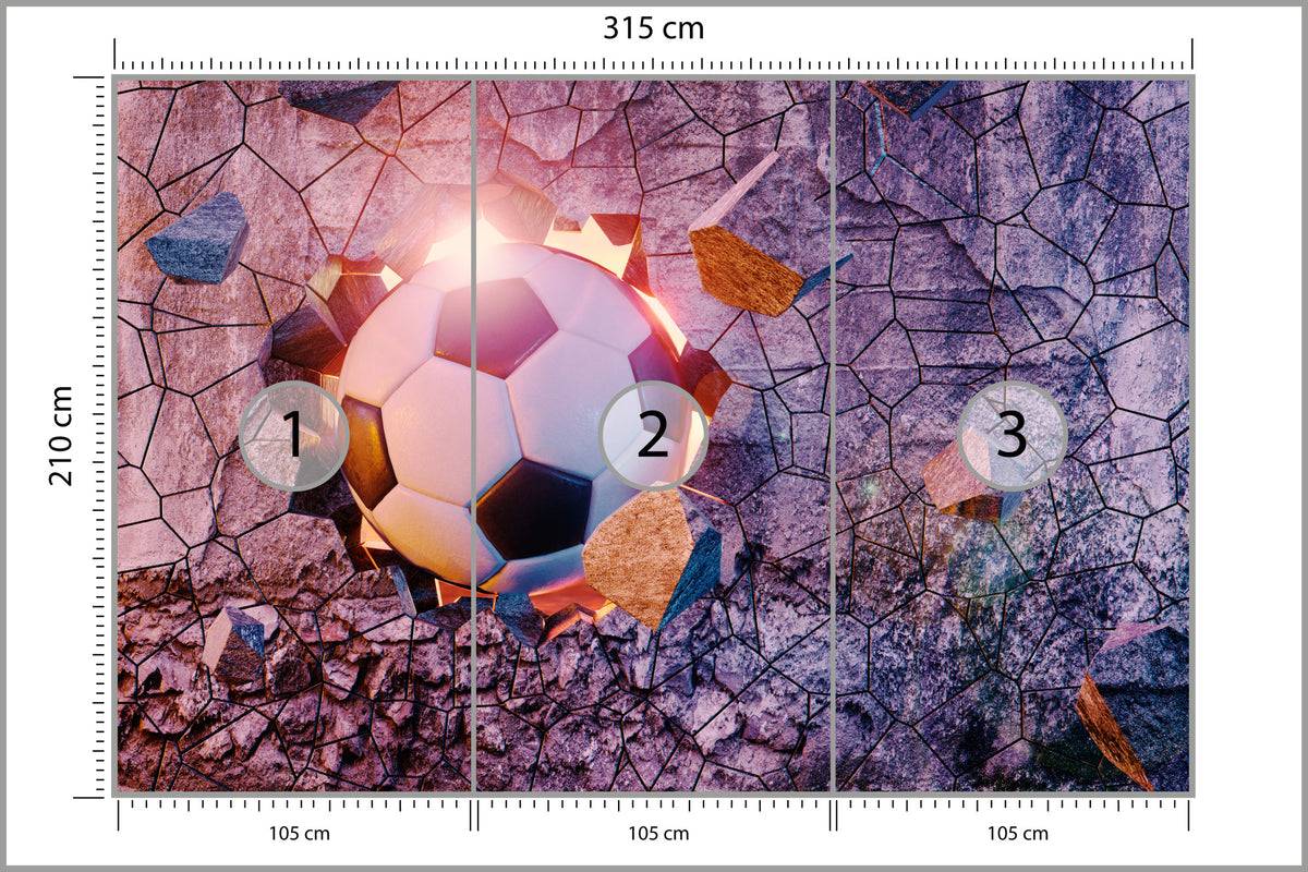Fototapeta Sportowa 3D Piłka Przebijająca Mur 315 × 210 cm – podgląd kadru