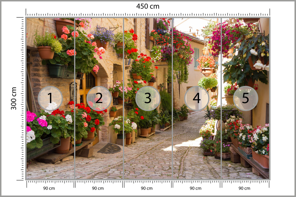 Fototapeta Uliczka Kwiaty Kolorowa 450 × 300 cm – podgląd kadru