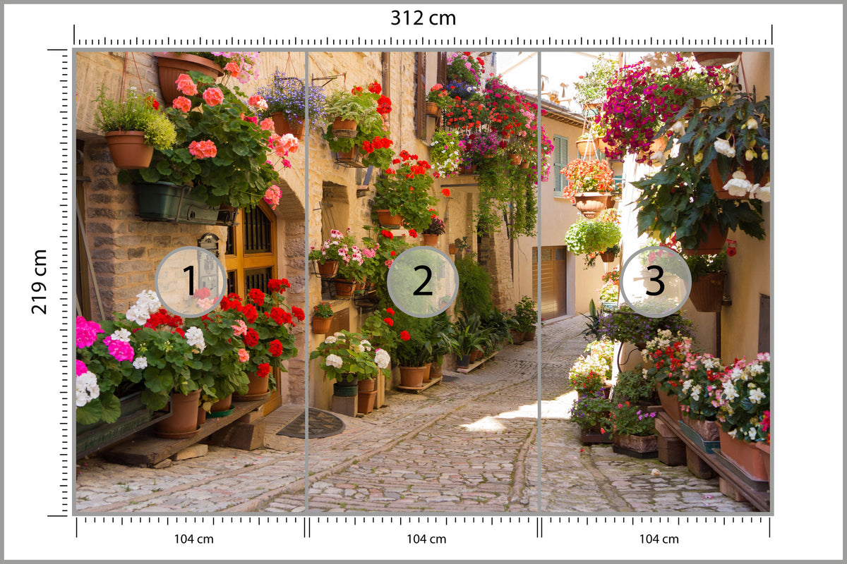 Fototapeta Uliczka Kwiaty Kolorowa 312 × 219 cm – podgląd kadru