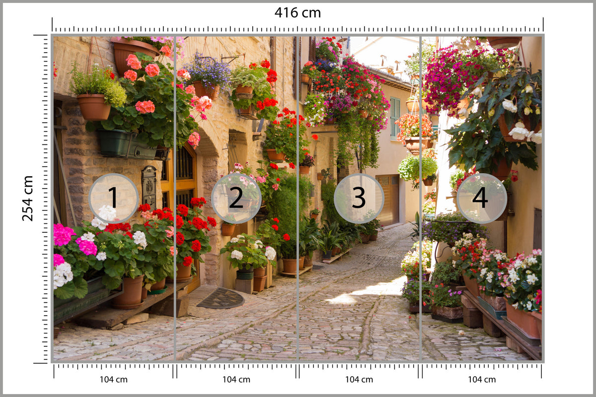 Fototapeta Uliczka Kwiaty Kolorowa 416 × 254 cm – podgląd kadru
