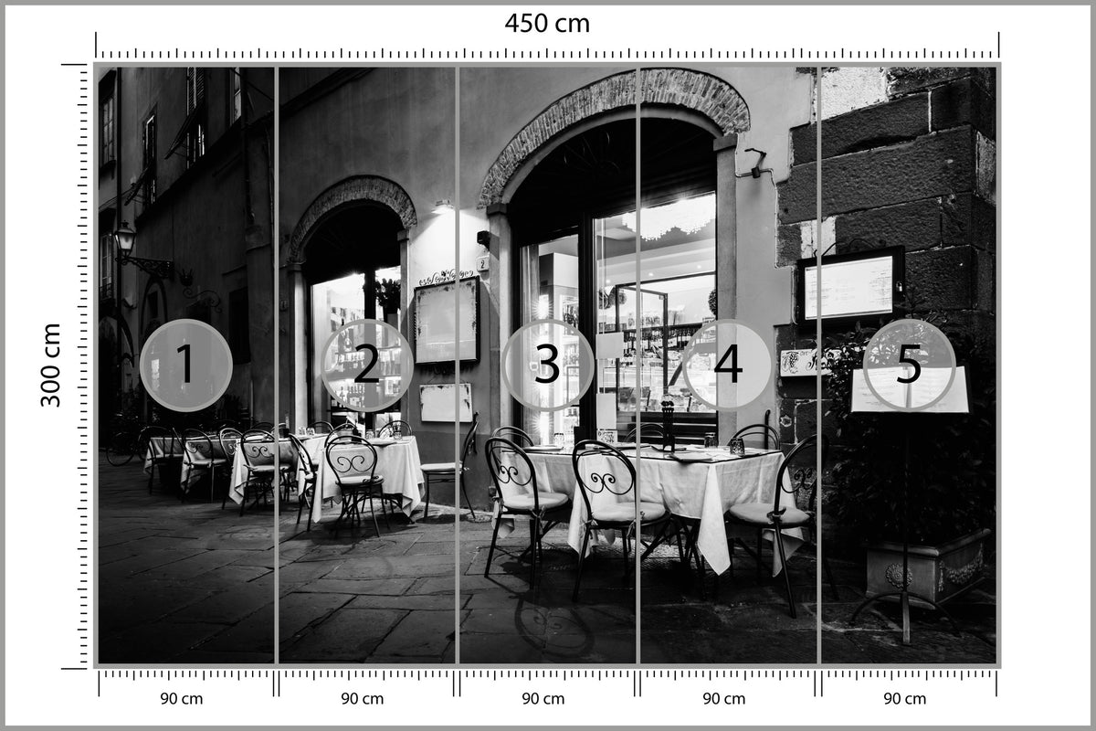 Fototapeta Włoska Uliczka Czarno-Biała Kawiarnia 450 × 300 cm – podgląd kadru