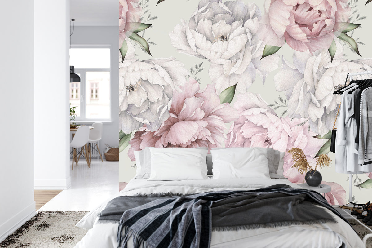 Fototapeta Kwiaty Peonie W Pastelowych Barwach – aranżacja wnętrza