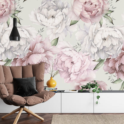 Fototapeta Kwiaty Peonie W Pastelowych Barwach – aranżacja wnętrza