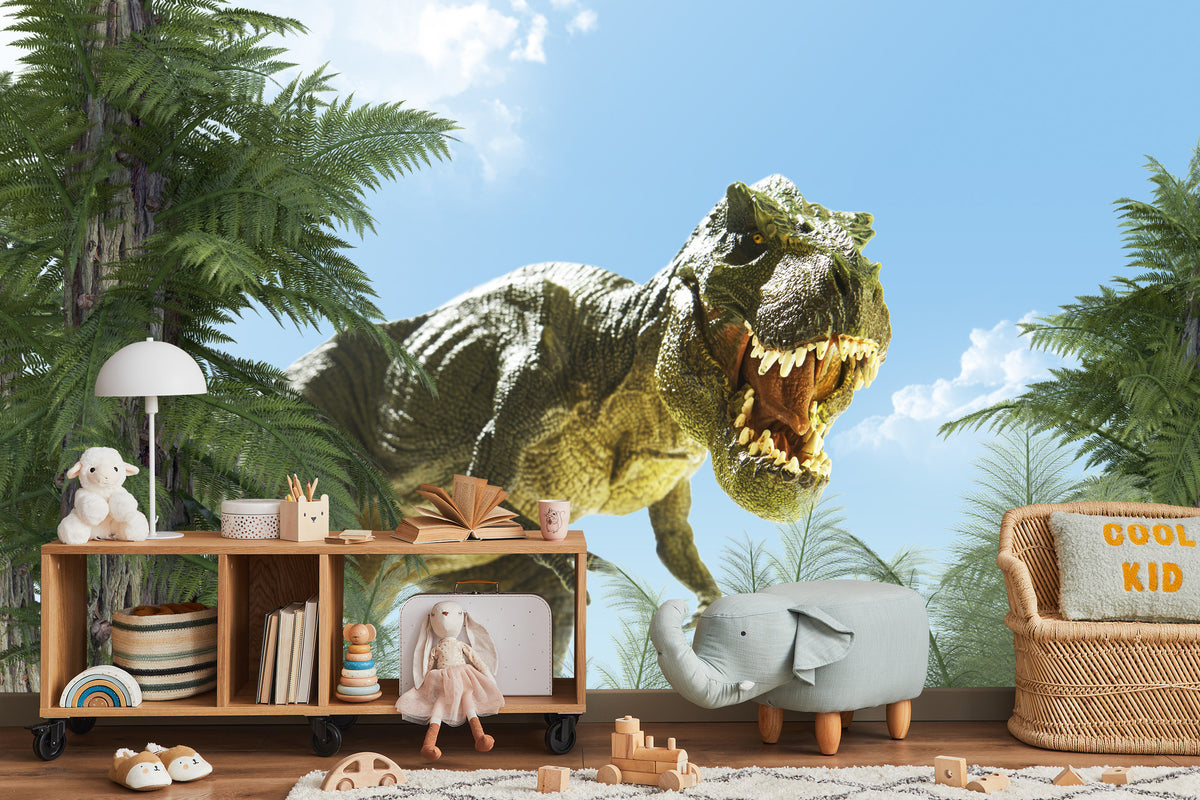 Fototapeta Wielki Dinozaur T-Rex I Palmy – aranżacja wnętrza