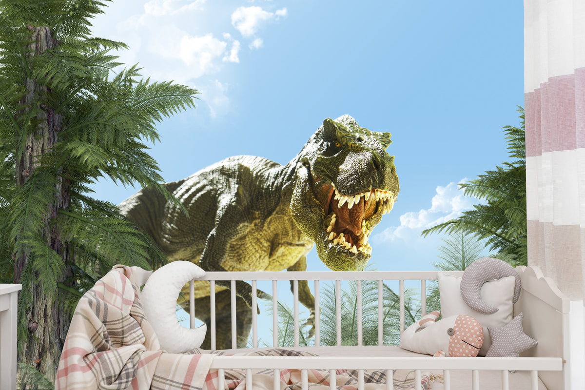 Fototapeta Wielki Dinozaur T-Rex I Palmy – aranżacja wnętrza