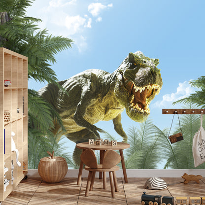 Fototapeta Wielki Dinozaur T-Rex I Palmy – aranżacja wnętrza