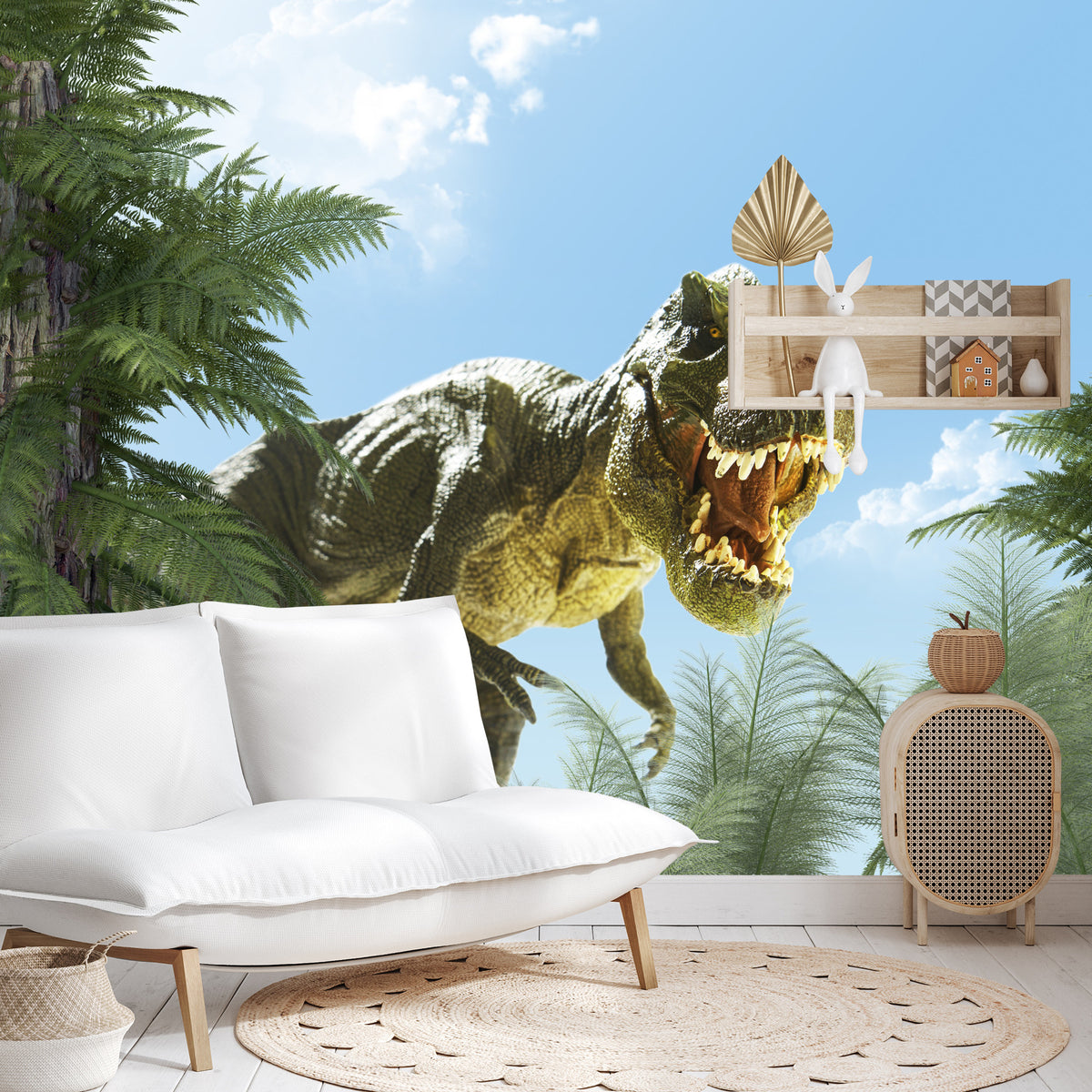 Fototapeta Wielki Dinozaur T-Rex I Palmy – aranżacja wnętrza