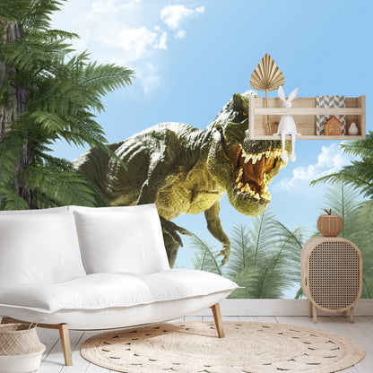 Fototapeta Wielki Dinozaur T-Rex I Palmy – aranżacja wnętrza